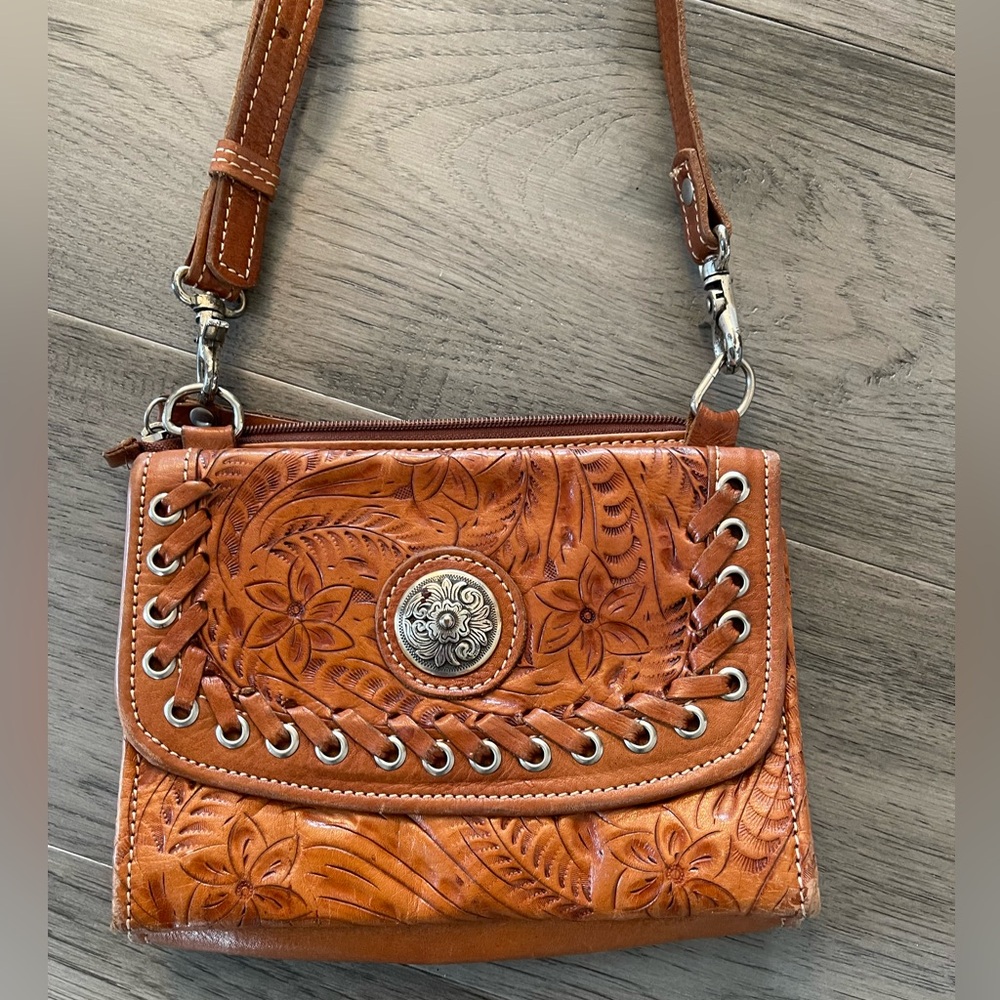 American West Tan Purse Tooled Leather Crossbody Bag